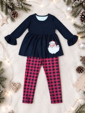 Girls Xmas Buffalo Plaid Holiday Outfit Santa Legging Set  Sz 7-8Y New Boutique